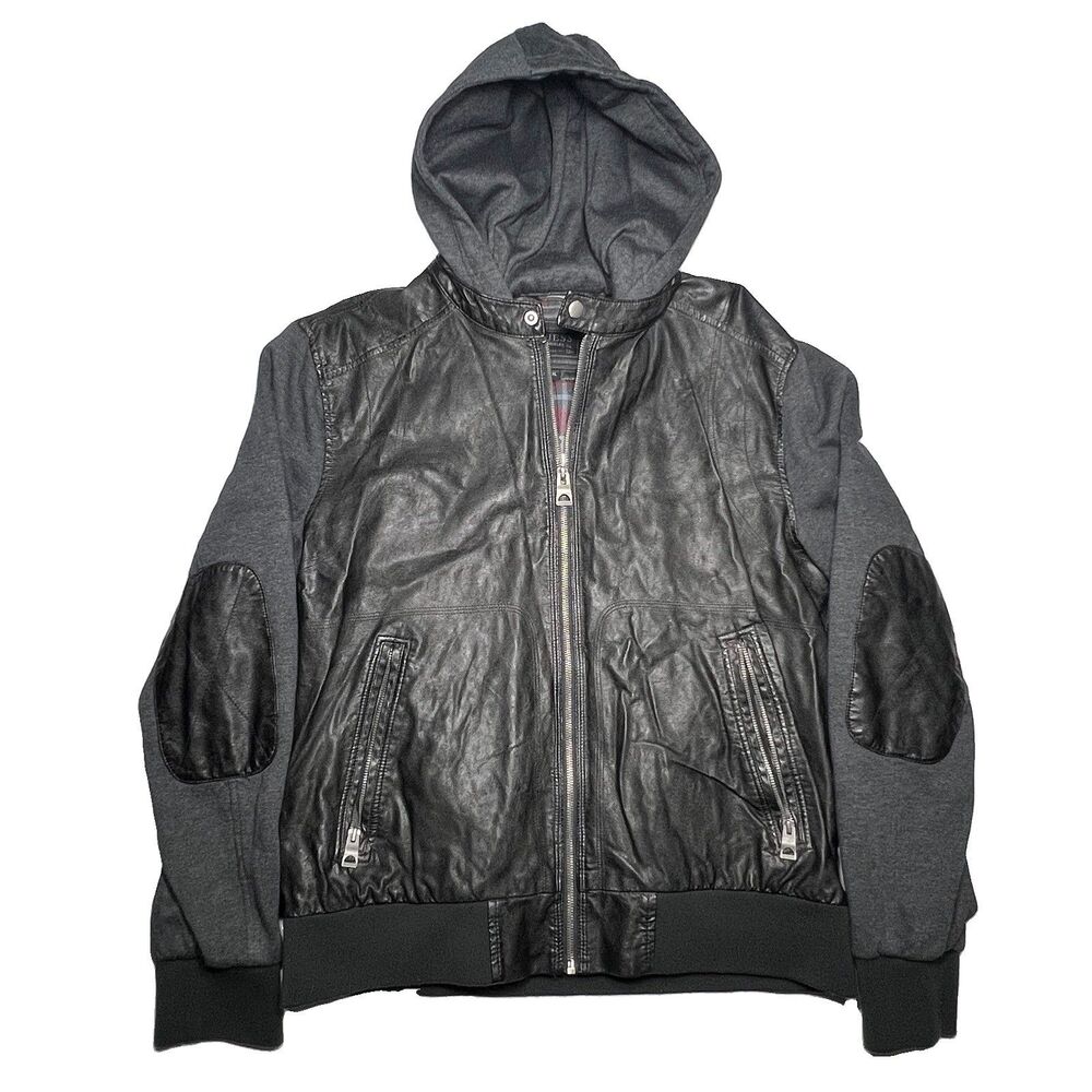 Guess LA Y2K Faux Leather Jacket Men's XL Zip Coat Removable Hood Bomber